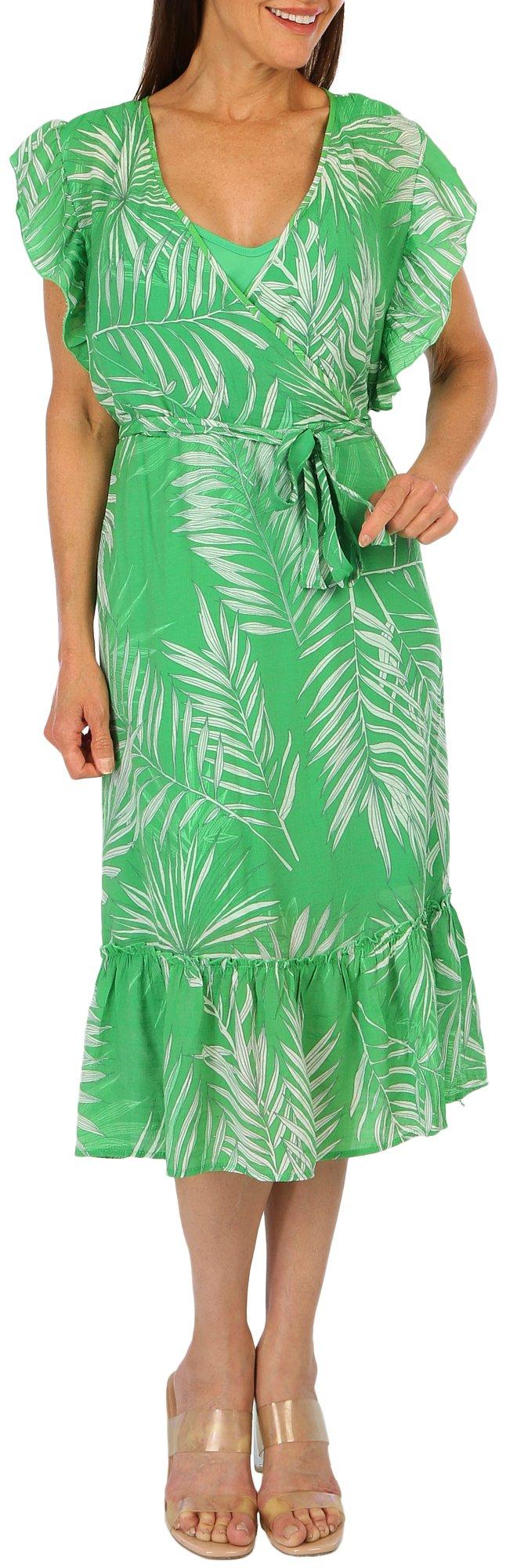 MLLE GABRIELLE Womens Foliage Neck Flutter Sleeve Dress