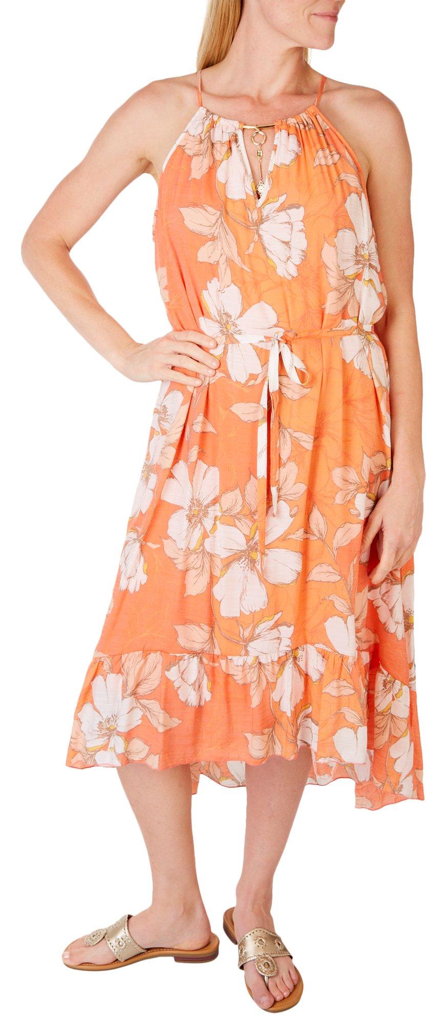 Womens Flower Print High Neck Jewel Dress