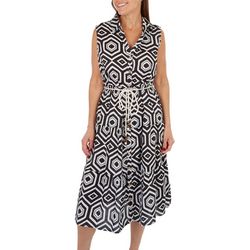 Womens Geometric Print 2 Tier Button Down Collar Dress