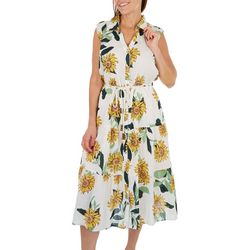 Womens Sunflower Print 2 Tier Button Down Collar Dress