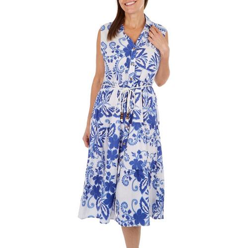 Womens Floral Print Two-Tier Button Down Collar Dress