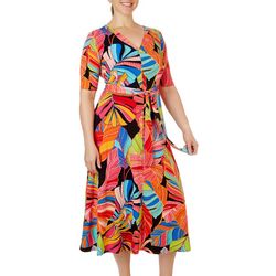 MSK Womens Graphic Print V Neck Belted Short Sleeve Dress
