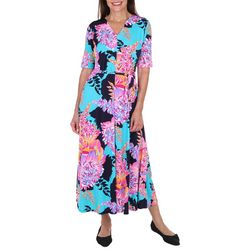 MSK Womens Floral V Neck Short Sleeve Midi Dress