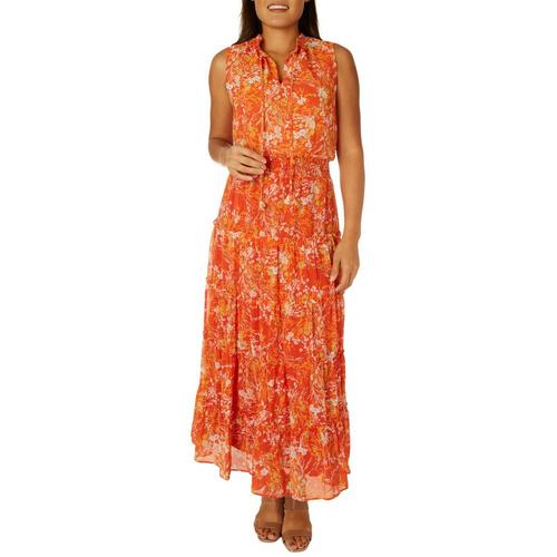 MSK Womens Tropical Tie Front Tiered Sleeveless Maxi