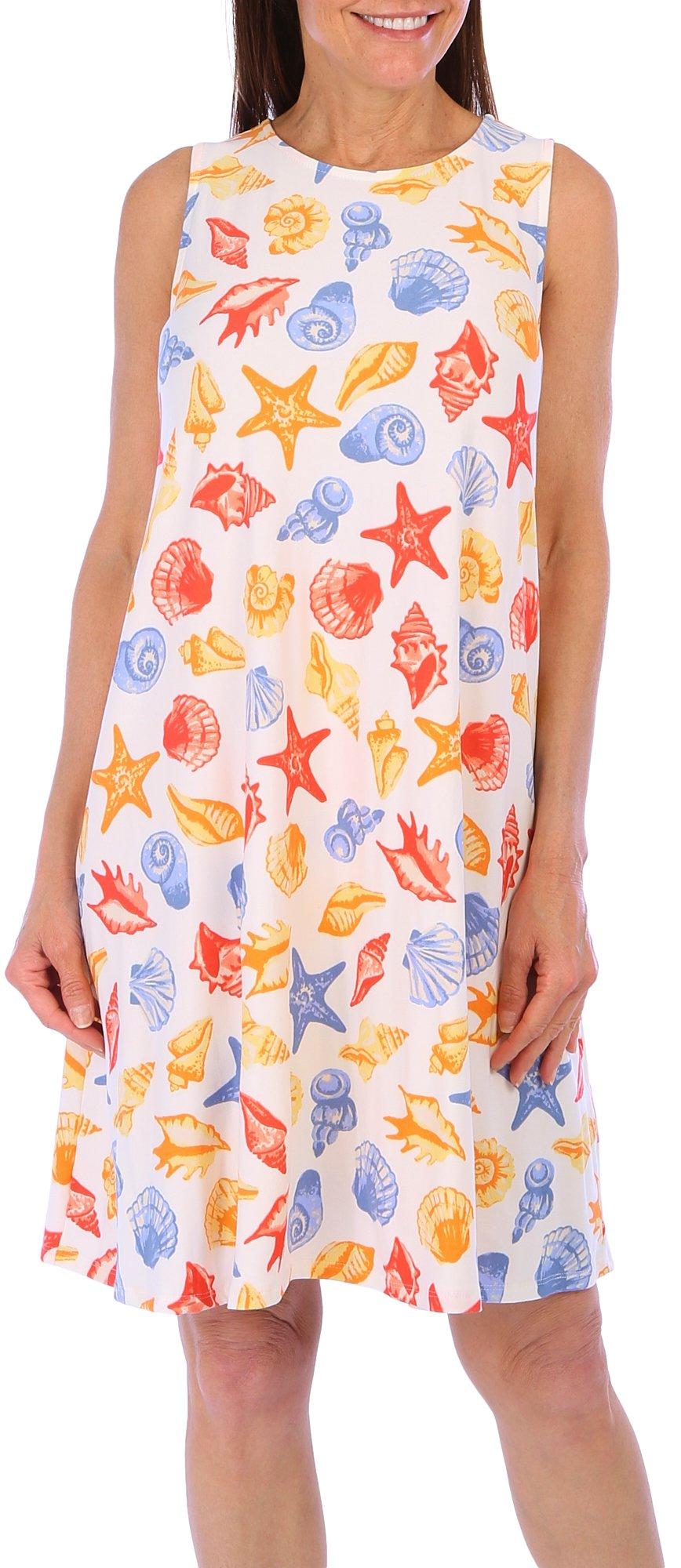 Allison Brittney Womens Shell Print Sleeveless Dress