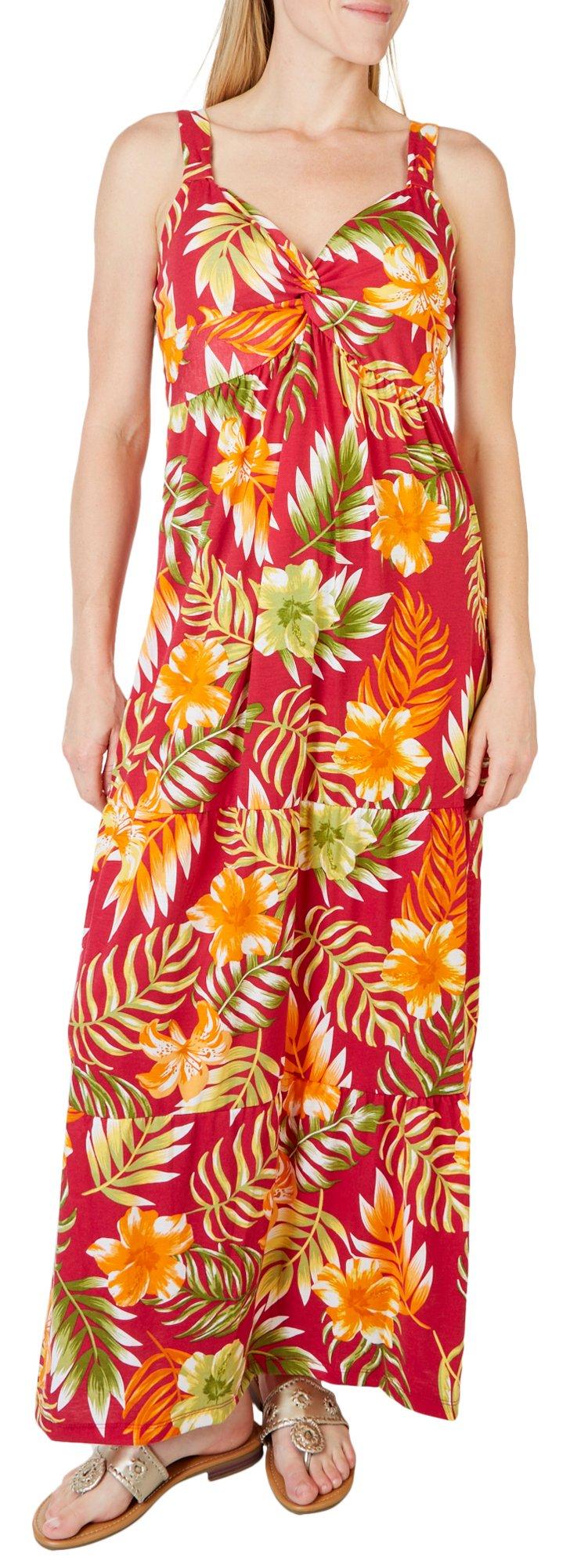 Womens Twisted Neck Hibiscus & Lily Maxi Dress