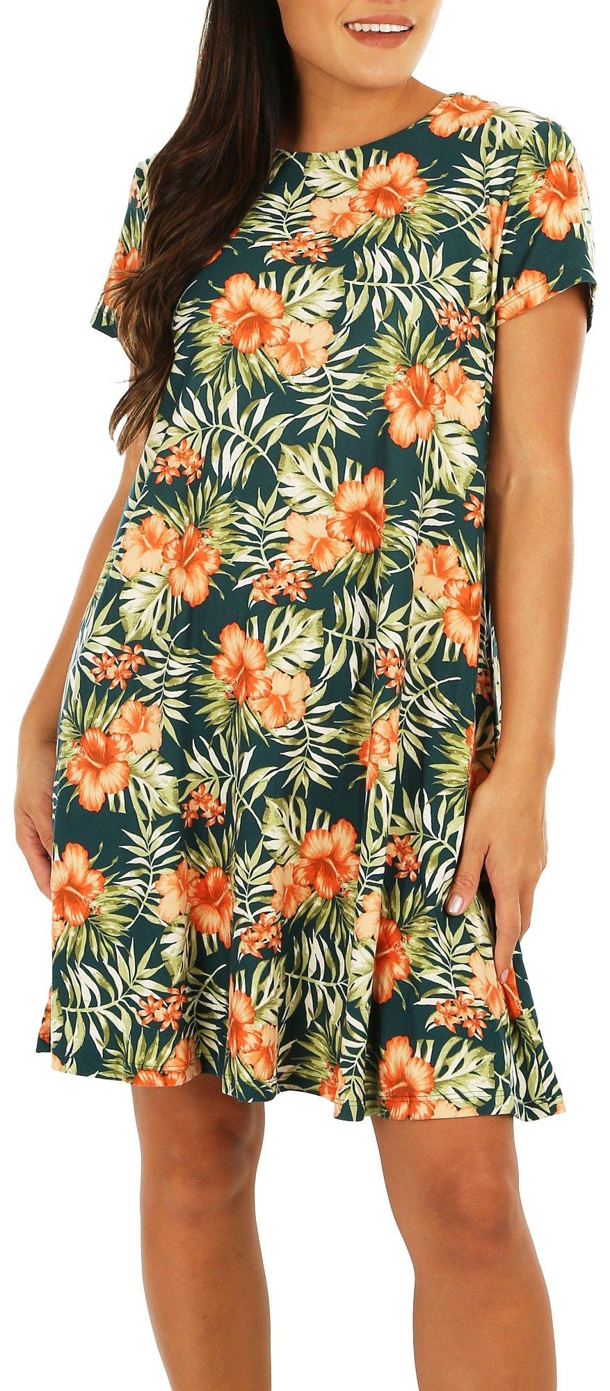 Womens Tropical Floral Short Sleeve Dress