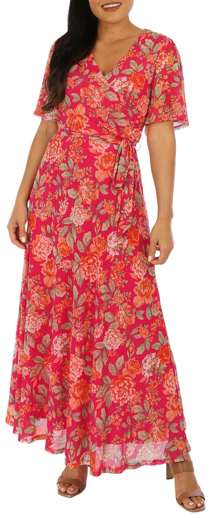 Harlow and Rose Womens Floral Mesh Short Sleeve Maxi Dress