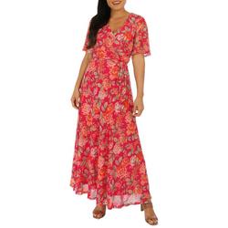 Womens Floral Mesh Short Sleeve Maxi Dress