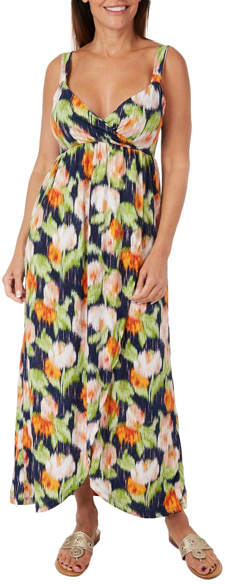 Womens Print Faux Wrap Sleeveless Maxi Dress