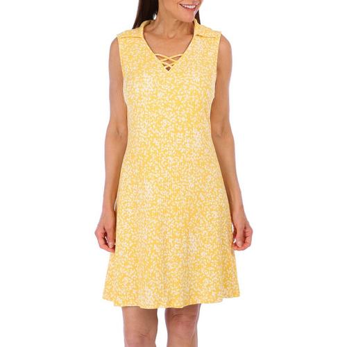 Allison Brittney Womens Leaf Print Collar Sleeveless Dress
