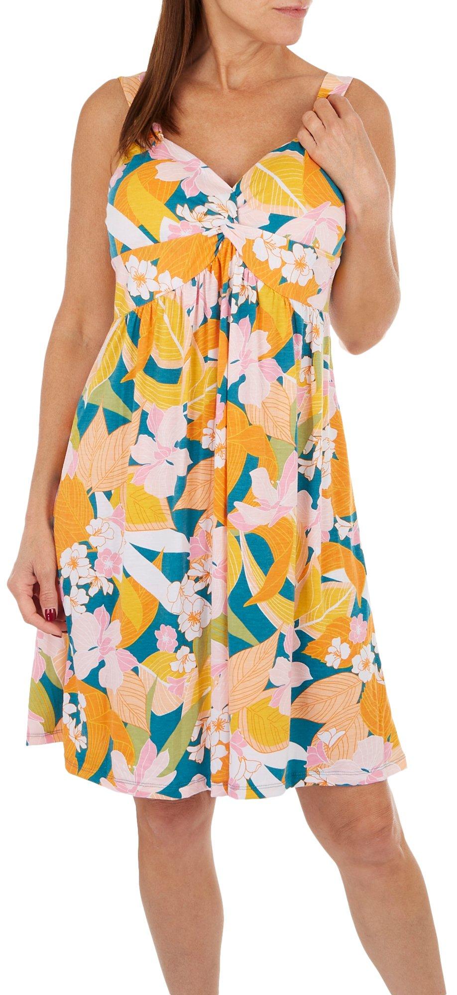 Women's Jungle Floral Print Twist Front Sleevless Dress