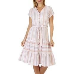 Harlow & Rose Womens Striped Tiered V Neck Cap Sleeve Dress