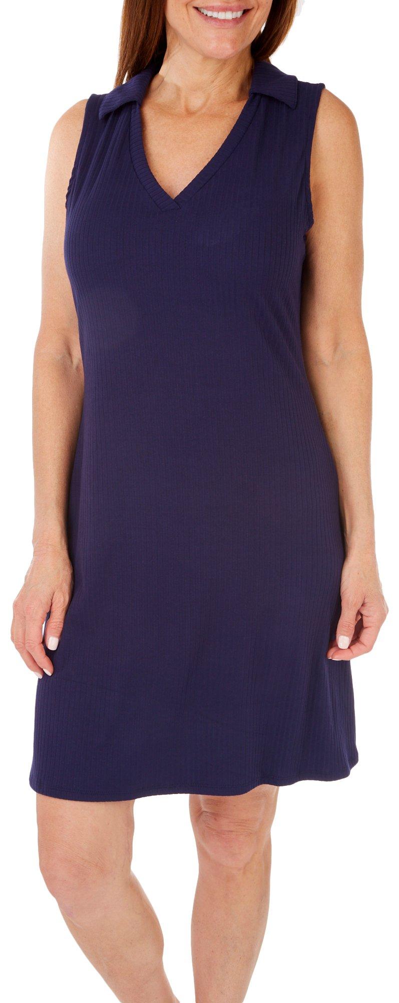 Womens Solid Ribbed Collared Sleeveless Dress