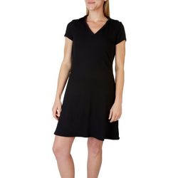 Womens Solid Ribbed Collared Short Sleeve Dress