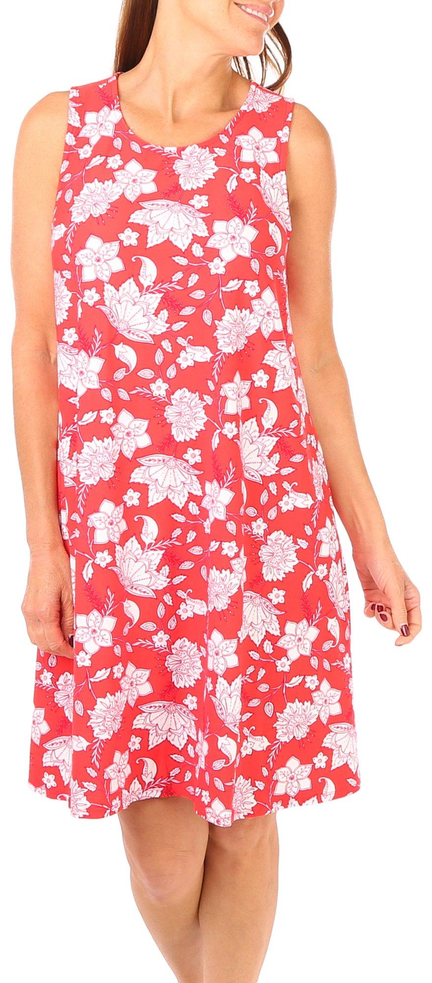 Womens Hibiscus Flower Sleeveless Swing Dress