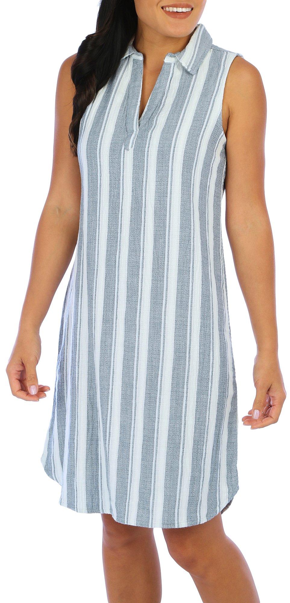 Womens Striped Print Collar Sleeveless Dress
