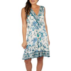 Womens Floral  V Neck Cross Over Tiered Dress