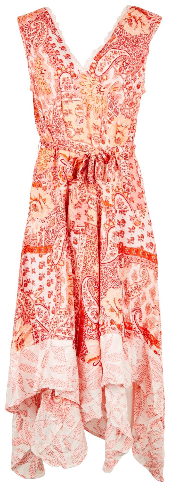 Sky & Sand Womens Paisley Floral V-Neck Handkerchief Dress