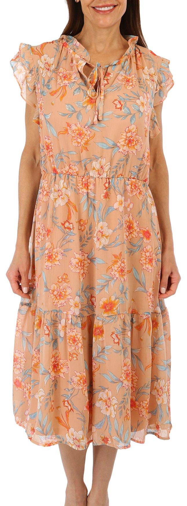 Womens Floral Print Lace Front Tiered Short Sleeve Dress