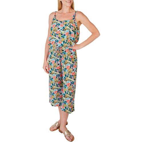 Late August Womens Floral Ruffle Sleeveless Jumpsuit