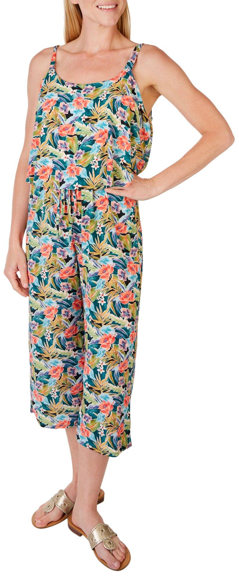Late August Womens Floral Ruffle Sleeveless Jumpsuit