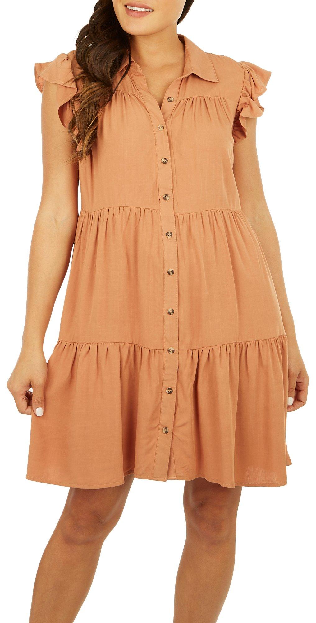 Womens Mocha Coffee Flutter Sleeve Shirtdress