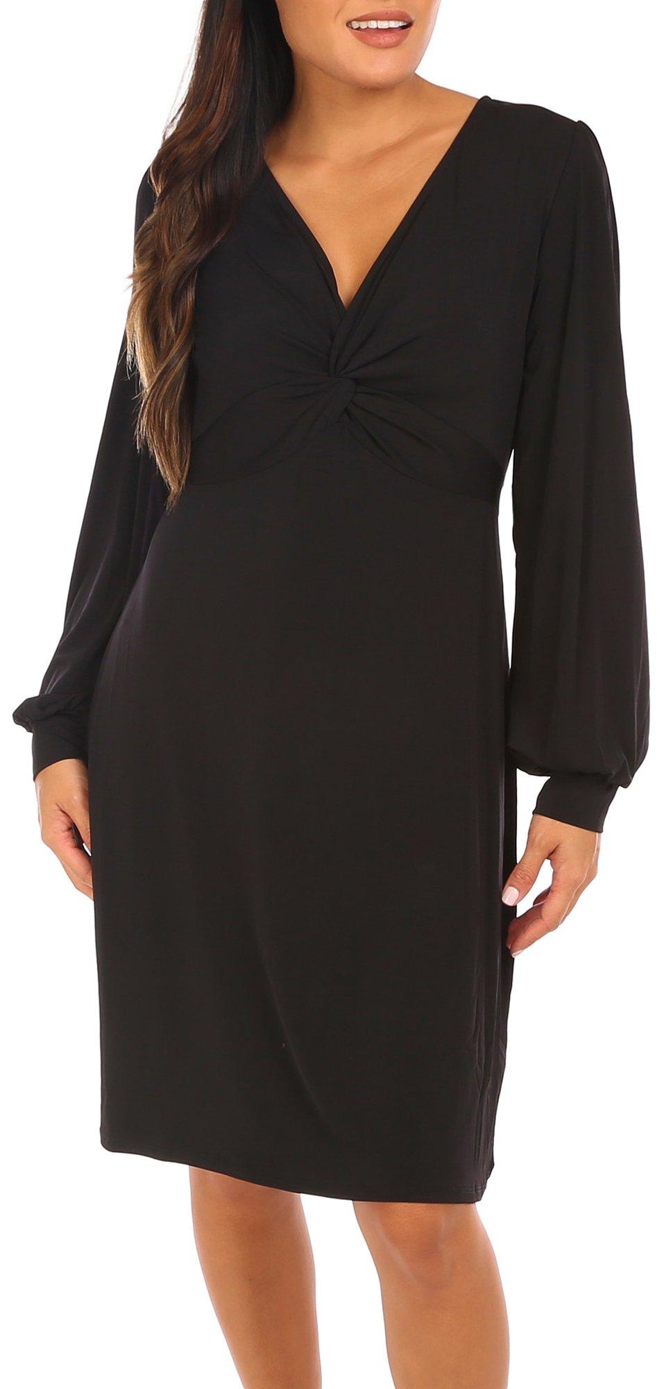 Womens Solid Long Sleeve Ruched Front Dress