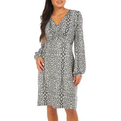 Womens Print Long Sleeve Ruched Front Dress