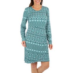 Womens Solid Long Sleeve Asymmetrical Hem Print Dress