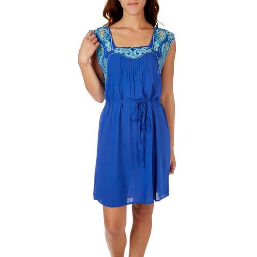 Love Stitch Womens Embroidered Square Neck Sleeveless Dress