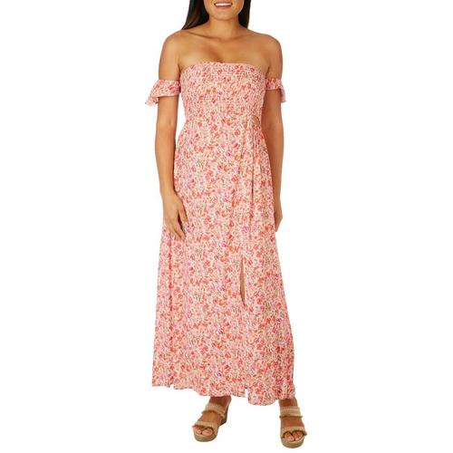 LUSH Womens Floral Off Shoulder Smocked Peek-A-Boo Dress