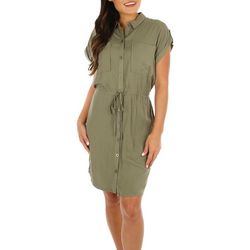 Womens Solid Button Down Roll Tab Sleeveless Dress