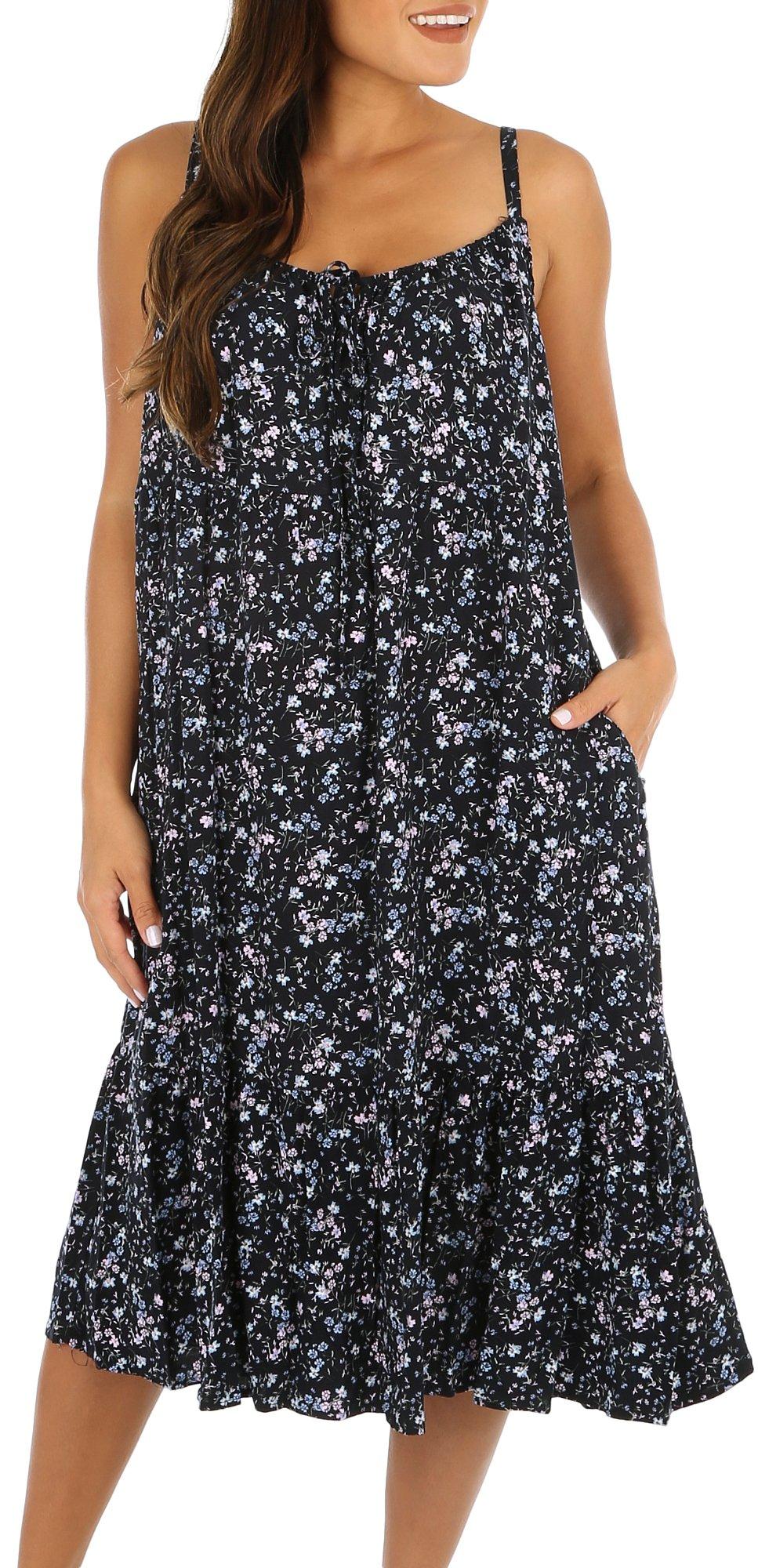 Womens Floral Scoop Neck Tie Ruffle Hem Sleeveless Dress