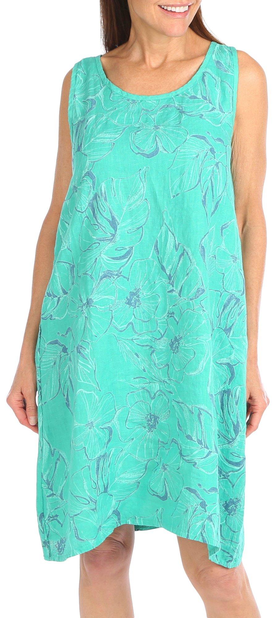 Vasna Womens Tropical Pattern Sleeveless Linen Dress
