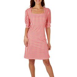 Womens Checkered Square Neck Short Sleeve Dress