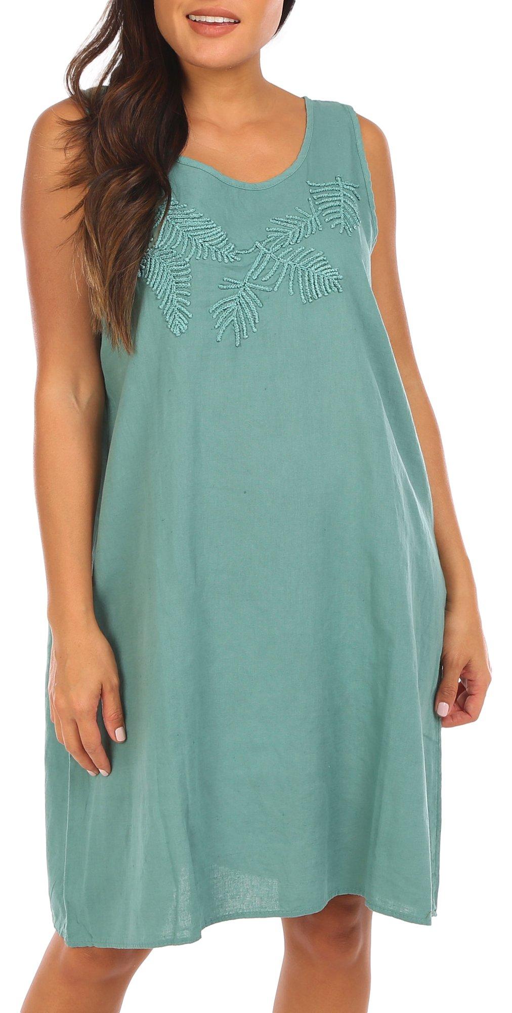 Womens Solid Embroidered Linen Dress