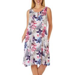 Water Lily Womens Floral 4-Button Sleeveless Swing Dress