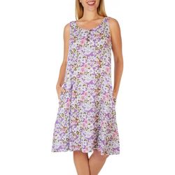 Water Lily Womens Sleeveless 4-Button Floral Swing Dress