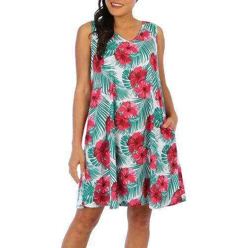 Water Lily Womens Tropical Ribbed Sleeveless Dress