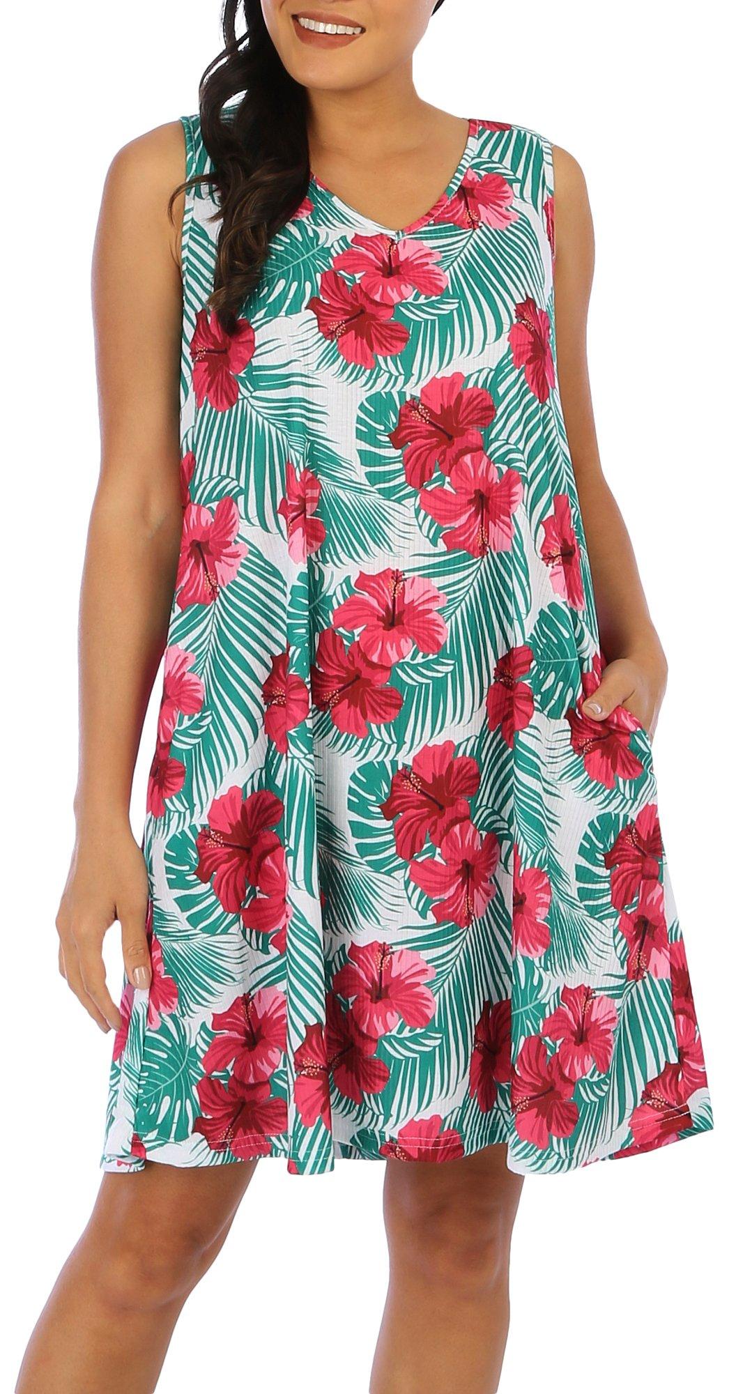 Womens Tropical Ribbed Sleeveless Dress