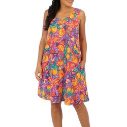 Water Lily Womens Tropical Sleeveless Ribbed Midi Dress