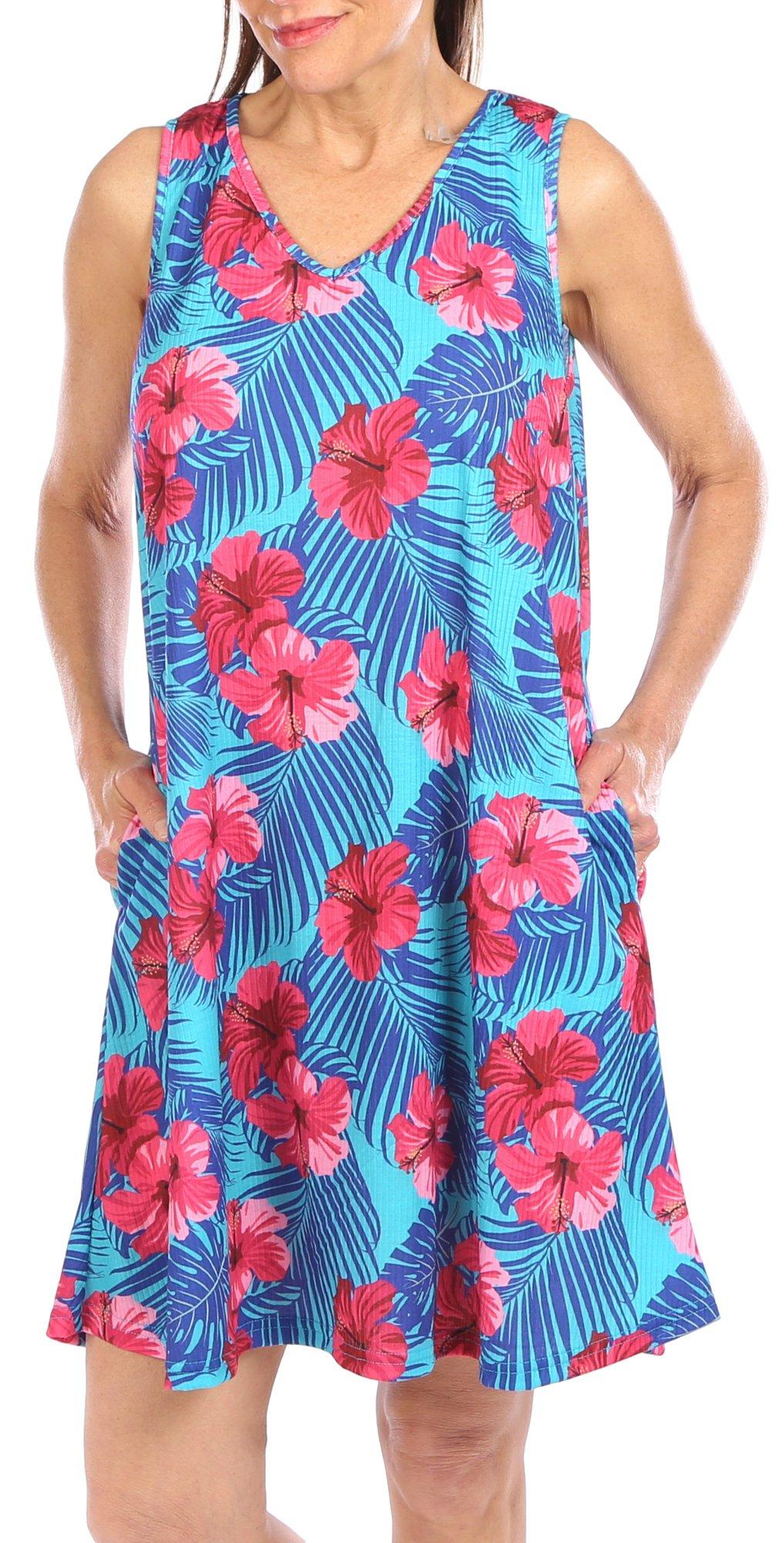 Water Lily Womens Floral Sleeveless Ribbed Dress