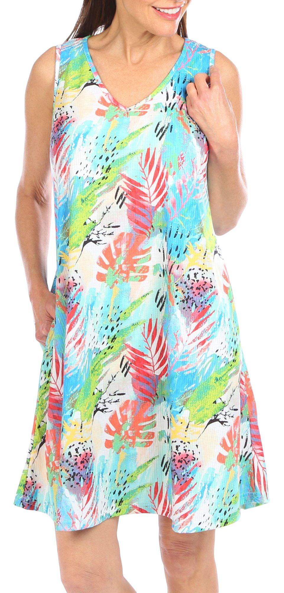 Water Lily Womens Tropical Sleeveless Ribbed Dress