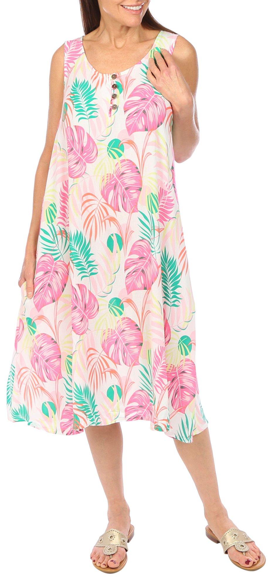 Water Lily Womens Tropical Pattern Patio Button Midi Dress