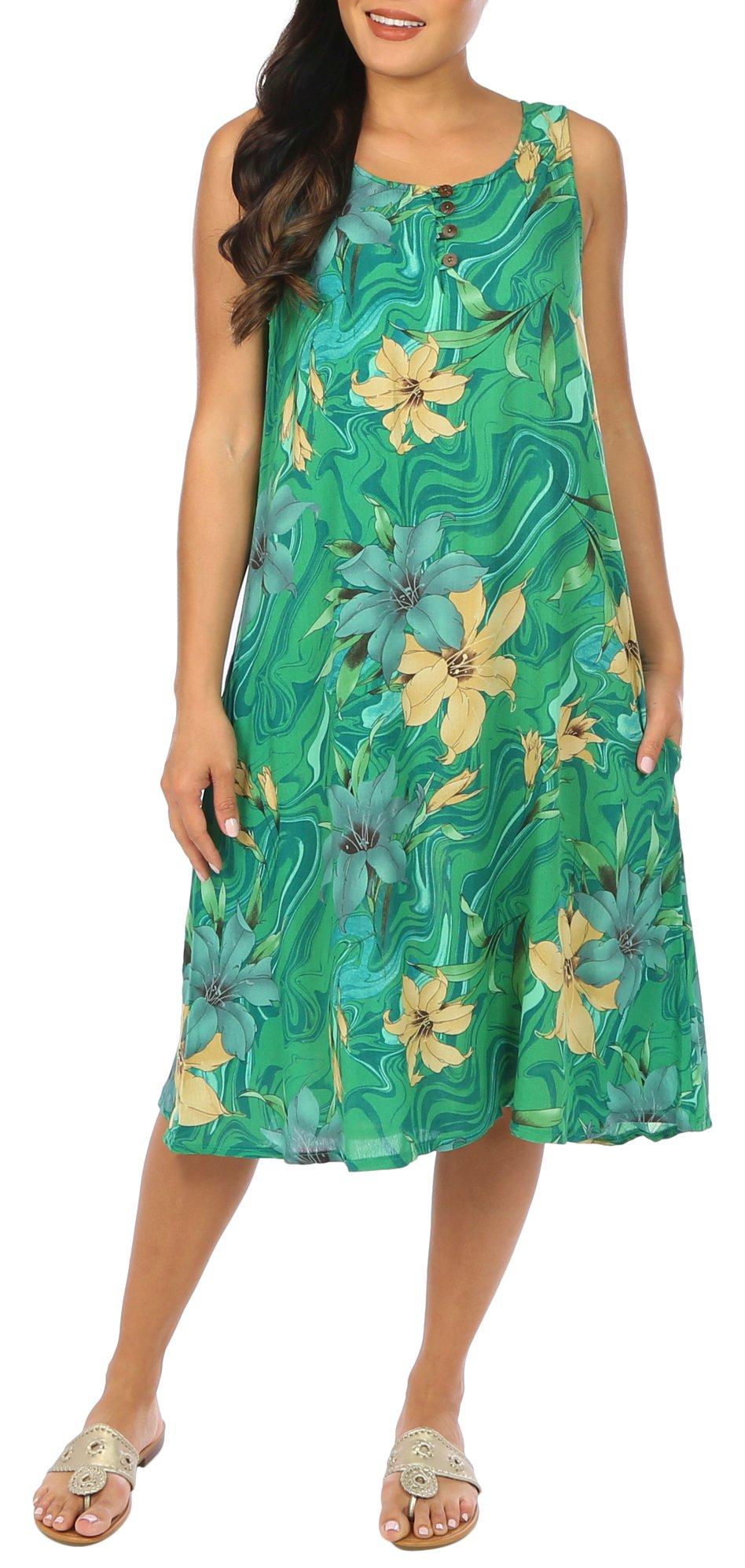 Water Lily Womens Floral 4-Button Midi Dress