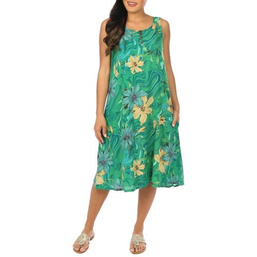 Water Lily Womens Floral 4-Button Midi Dress