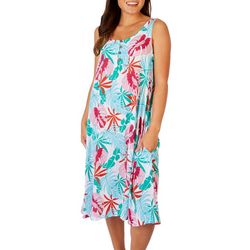 Water Lily Womens Tropical Palm 4 Button Midi Dress