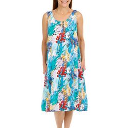 Water Lily Womens Abstract Palm 4 Button Midi Dress