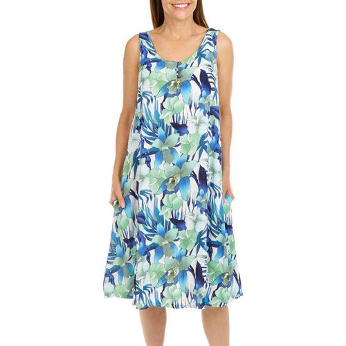 Water Lily Womens Coastal Floral 4 Button Midi